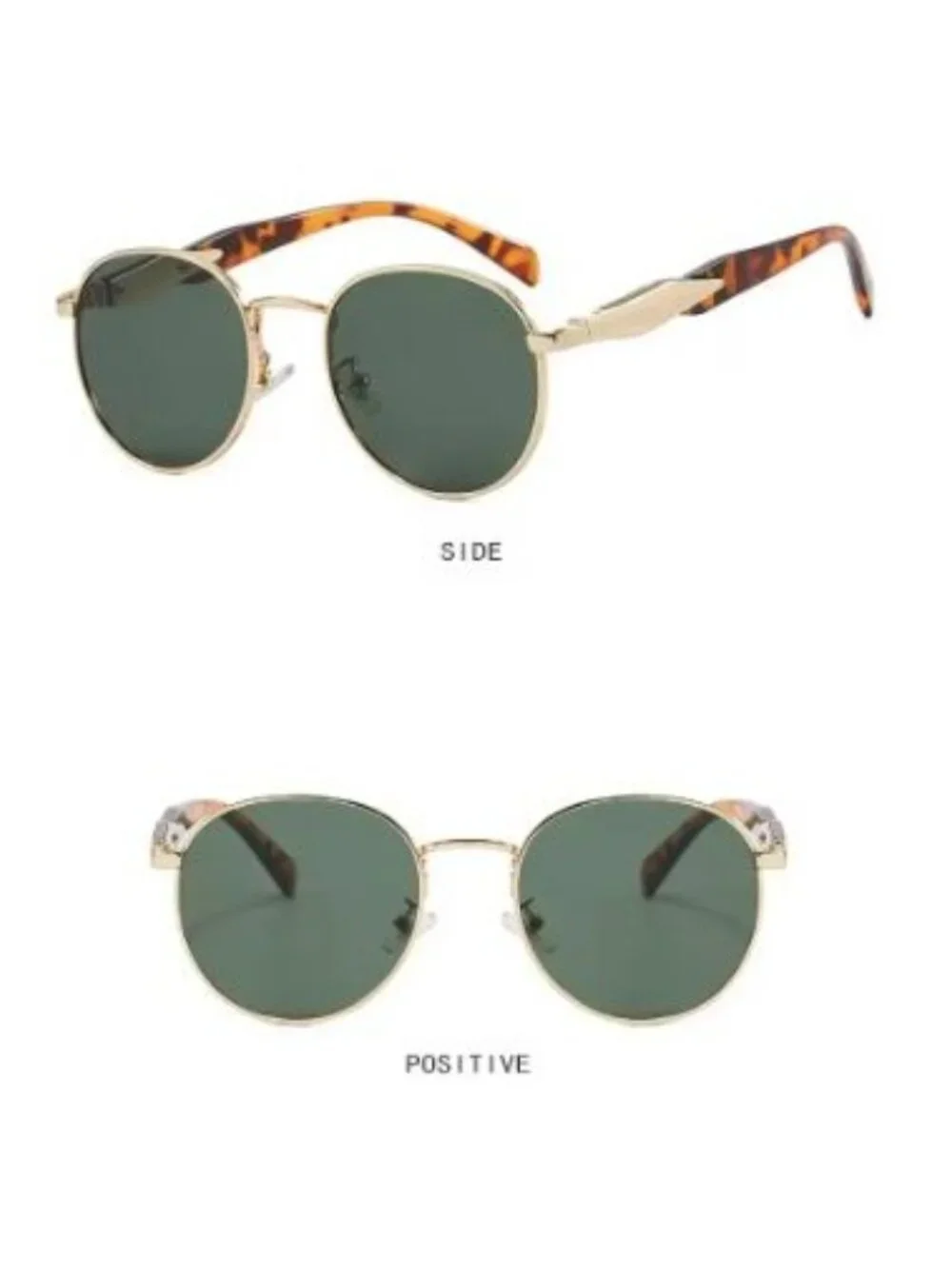 Oval Gold Metal Frame Sunglasses Green Lenses Tortoiseshell Arms Retro Vintage